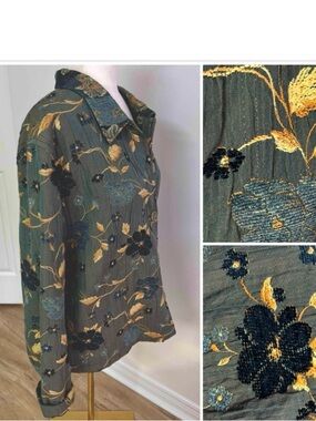 Short jacket embroidered / blue & yellow flowers on slate grey  + bonus bracelet